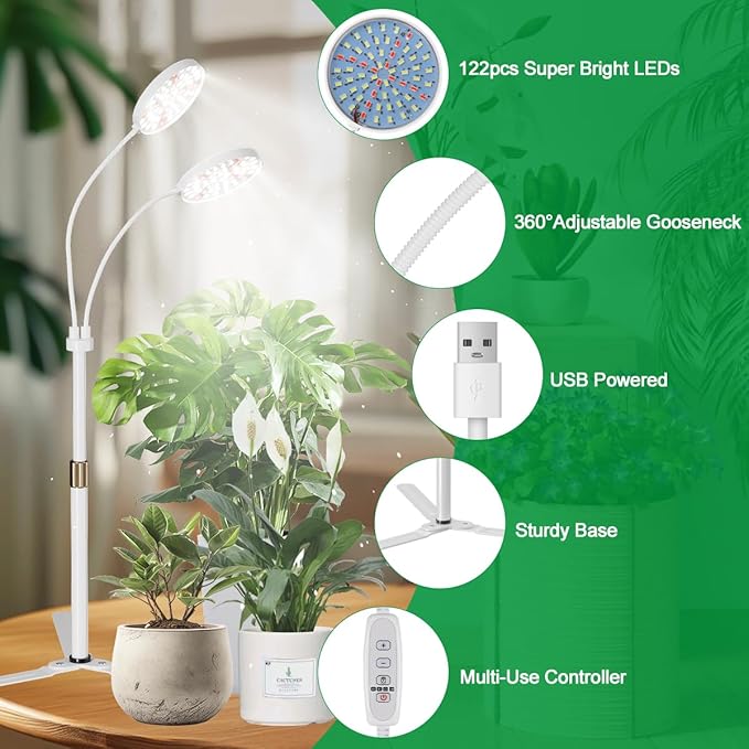 Grow Light Dual Ring 3.5" with Base, 122 LEDs 6000K White Full Spectrum Gooseneck Plant Lamp for Indoor Desk Plants, Dimmable & Height Adjustable 9-16", Timer 4/8/12/18Hrs