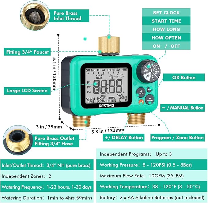 RESTMO Sprinkler Timer with Brass Inlet & Outlet, 2 Zone Programmable Water Timer for Garden Hose, 3 Separate Programs Hose Timer, Manual/Rain Delay/Automatic Watering for Drip Irrigation and Lawn