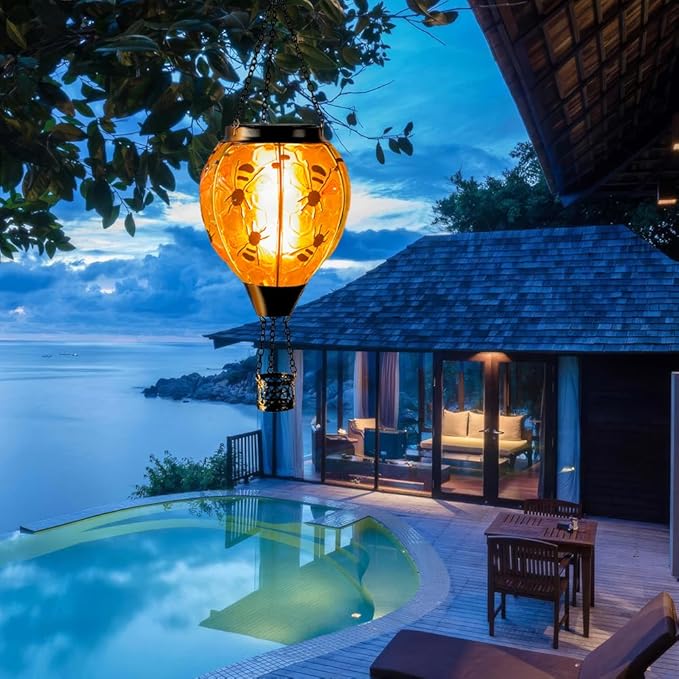 Starsoul Hot Air Balloon Solar Lantern Bee Glass Hanging Outdoor Hot Air Balloon Solar Flickering Flame Light Waterproof Garden Patio Yard Party Decorations