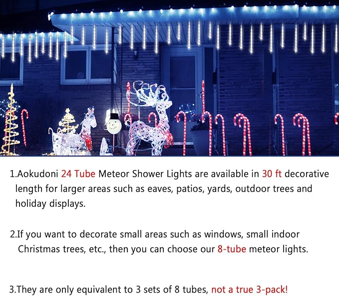 Aokudoni Christmas Lights Outdoor, 24 Tubes Meteor Shower Lights (Equivalent to 3 Sets of 8-Tubes), Waterproof Outside Christmas Decorations for Tree Window Yard Party Holiday, UL Plug, White