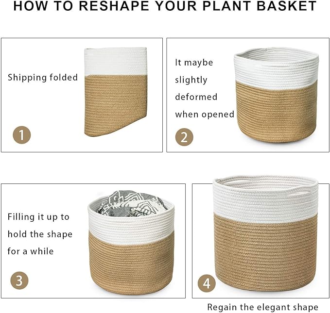 TIMEYARD Jute Rope Plant Basket Large Modern Woven Basket for 11'' Flower Pot Floor Indoor Planters, 12.5''x12.5'' Storage Basket Rustic Home Decor White and Jute
