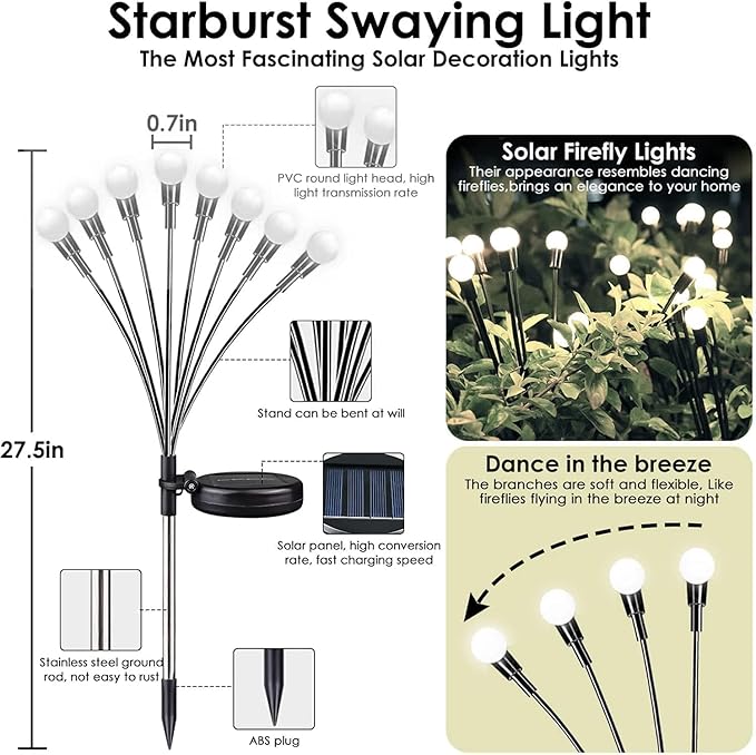 OZS 10pack 80LED Solar Garden Lights - Outdoor, Swaying Lights, Waterproof for Garden Pathway Decoration (Cool White)