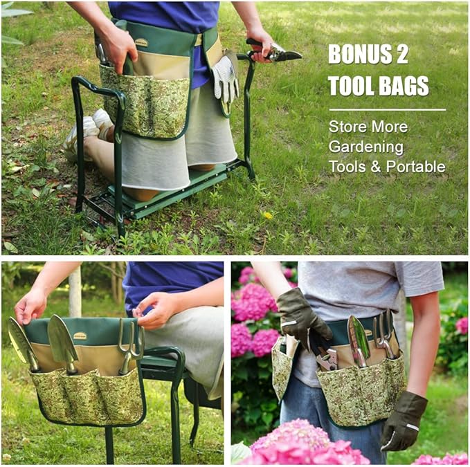 G GOOD GAIN Garden Kneeler Stool Seat,Foldable Garden Bench with Tools Bag Pouch,Thicken & Widen Soft EVA Foam Pad Outdoor Portable Kneeler Stool with Garden Apron Bags.Honey