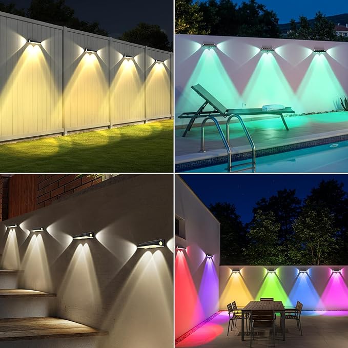 OUTON Solar Fence Lights Outdoor, 3-Side RGBCW Fence Light Solar Powered, 10 Modes Dusk to Dawn Auto ON/Off Deck Lights, IP65 Waterproof Outside Light for Garden Step Patio Backyard Wall, 6-Pack