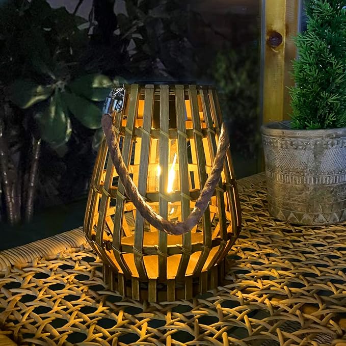 Hanging Solar Lantern Rattan Outdoor Lanterns for Patio Waterproof with Handle Large Bright Natural Bamboo Solar Table Lamp LED Lights Edison Bulb Design Decor for Wedding Yard Garden Farmhouse