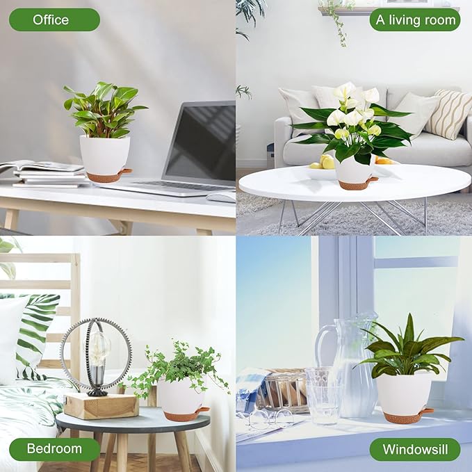 Flower Pots, 8/7/6.5/6/5.5/5 Inch Self Watering Planters for Indoor Outdoor Plants with Drainage Hole, Plastic Planters for House Plants(White)
