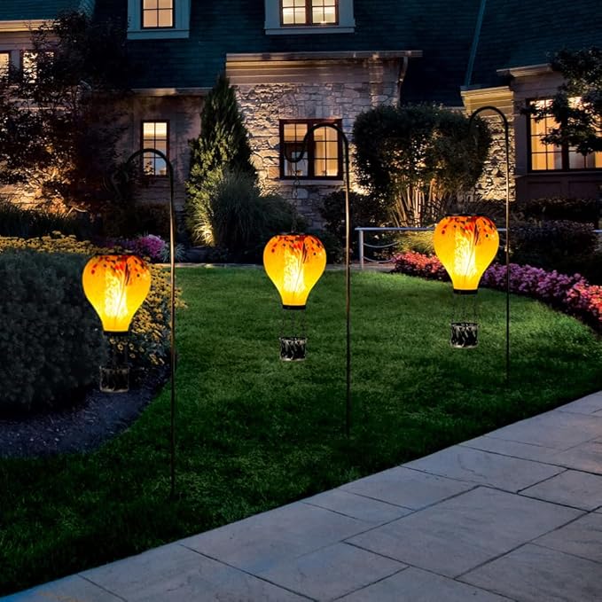 Starsoul Hot Air Balloon Solar Lantern Tie-Dye Style Glass Outdoor Solar Hot Air Balloon Lantern with Flame Light Waterproof Hanging Solar Lantern for Garden Yard Patio Decor