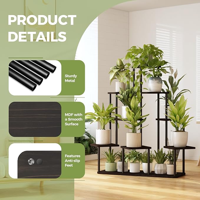 Bamworld Large Plant Stand Indoor, 9 Tier Tall Metal Plant Shelf for Multiple Plants, Tiered Flower Stand for Patio Garden Balcony Living Room Bedroom(Black)