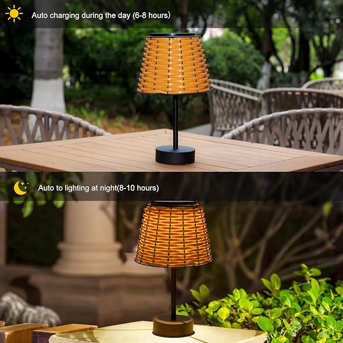 Solar Table Lamps for Outside,Handmade Rattan Woven LED Desk Outdoor Lamp Waterproof Boho Decoration for Garden,Yard,Patio,Porch,Trees,Lawn,Pathway(Austin Natural Brown)