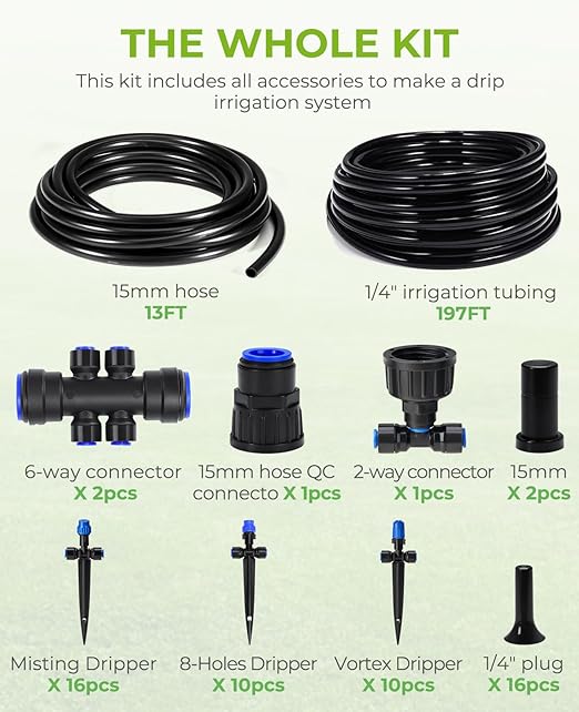 HIRALIY 210FT Drip Irrigation System, Quick Connector Garden Watering Automatic Sprinkler Kit for Lawn Raised Bed Greenhouse Mist System with 3 Kinds Dripper, Adjustable Nozzle