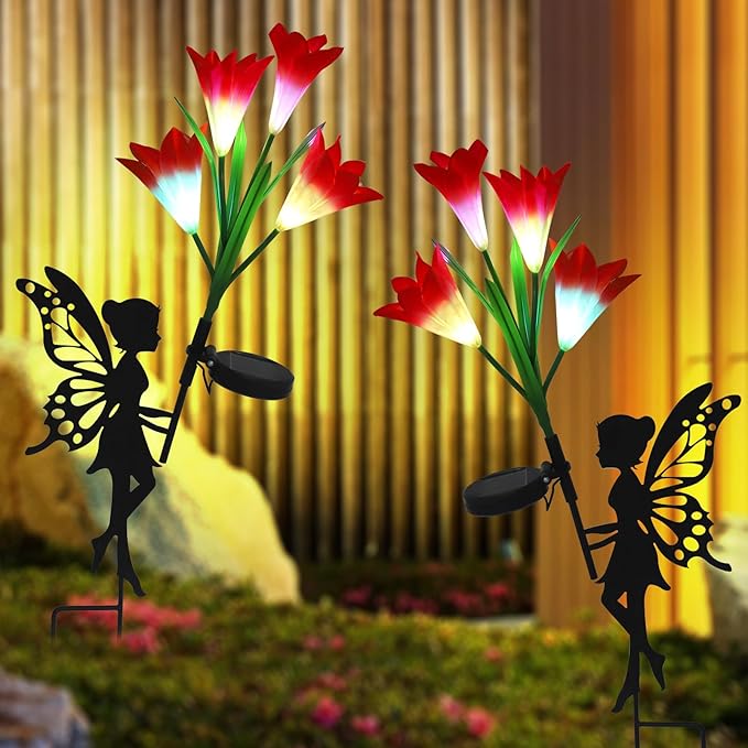 2 Pack Solar Lights Outdoor Waterproof, Outdoor Fairy Solar Lights for Yard with Flower Lights, Color Changing Solar Garden Lights, Solar Fairy Garden Decor for Patio, Lily Flower Light Gifts for Mom