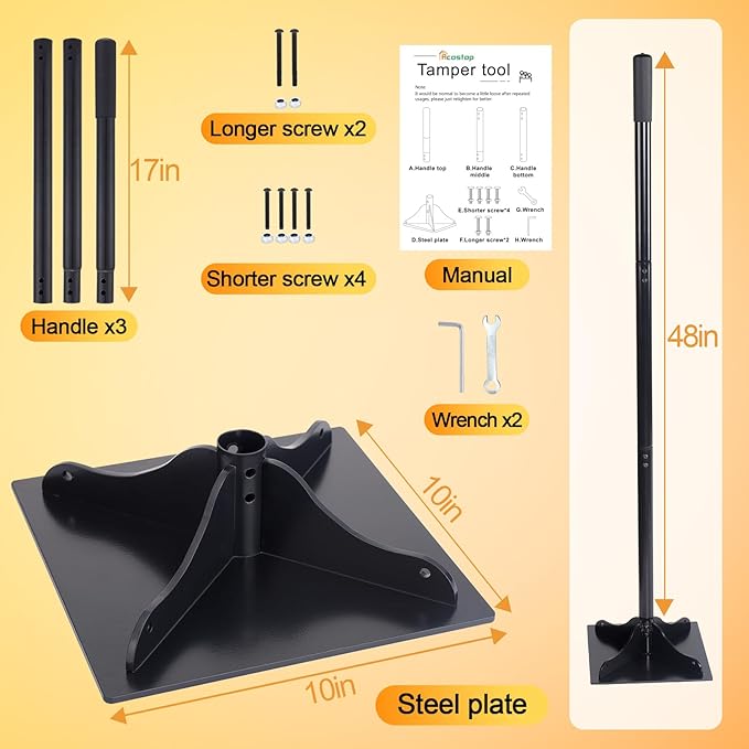 Heavy-Duty Steel Tamper, 10x10 Inches Hand Soil Tamper Garden Landscaping Tool for Ground & Gravel Leveling Dirt Compactor - Ergonomic Tamper Design, 48 Inches Total