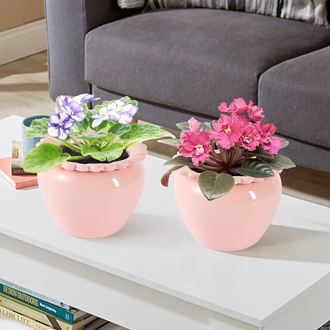 Self Watering African Violet Flower Pot - Pink Ceramic Pot Maintenance, Indoor Plant Self Watering Seeder - 6.5 * 4.6 Inch High Absorption Plant Inner Flower Pot