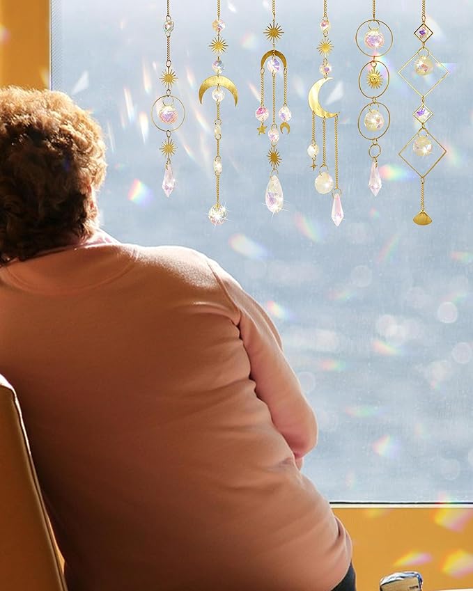 6 Pack Crystal Suncatcher,Hanging Sun Catchers with Crystals, Colorful Crystals Suncatchers Rainbow Prisms for Windows Christmas Tree Home Wedding Party Car Indoor Outdoor Garden Decor