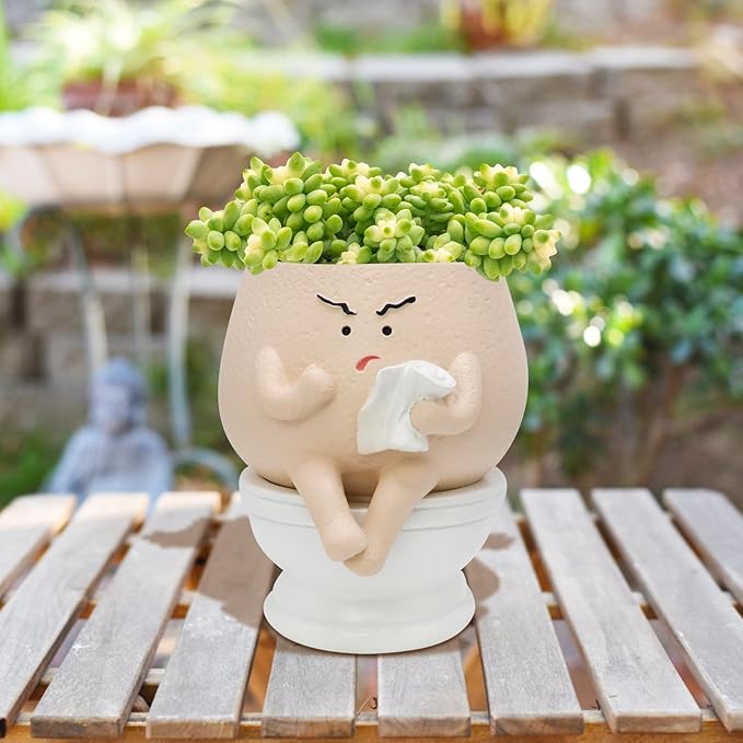 Frowning Planter Pots for Indoor Plants Cute Resin Flower Head Planters, Sit Toilet Succulent Pots with Drainage Hole Unique Closestool Planter - Gift IdeaI for Birthday and Christmas