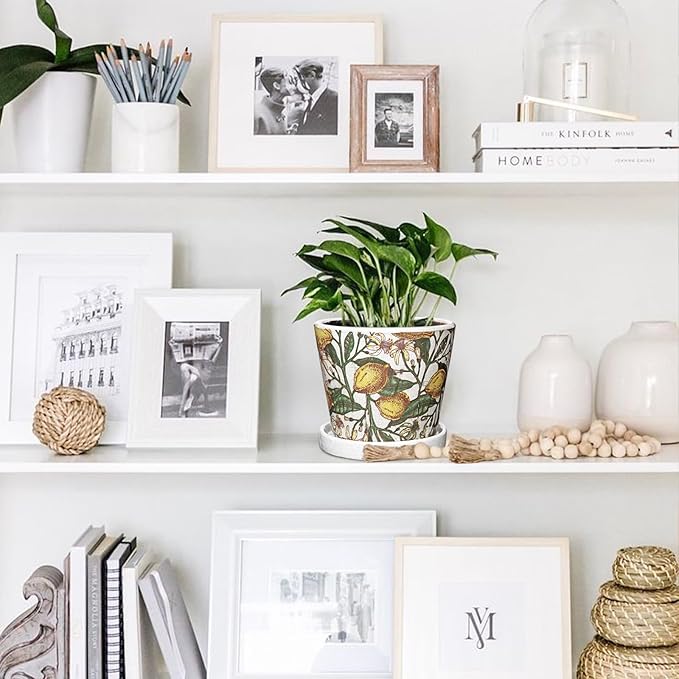 5.5 Inch Decorative Plant Pots, Round Ceramic Planters for Indoor Plants Pots with Drainage Hole Saucers, Lemon Green Leaves Ceramic Flower Pots Retro Planter Pot for Succulents Cactus Outdoor Garden