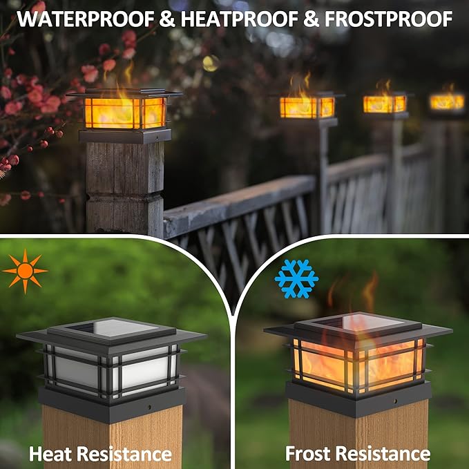 Dynaming 8 Pack Solar Flame Post Lights Outdoor, Solar Powered Fence Post Cap Lights, High Brightness Flickering Flame SMD LED Lighting Decor for Garden Deck Patio, 4x4, 5x5 or 6x6 Vinyl/Wooden Posts