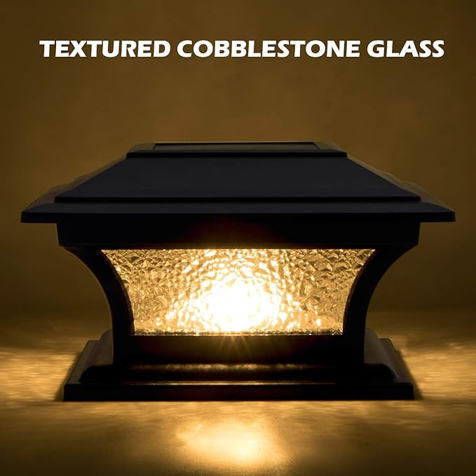 SIEDiNLAR Solar Post Lights Outdoor Glass LED Fence Cap Light 2 Modes for 4x4 5x5 6x6 Posts Deck Patio Garden Decoration Warm White/Cool White Lighting Black (4 Pack)