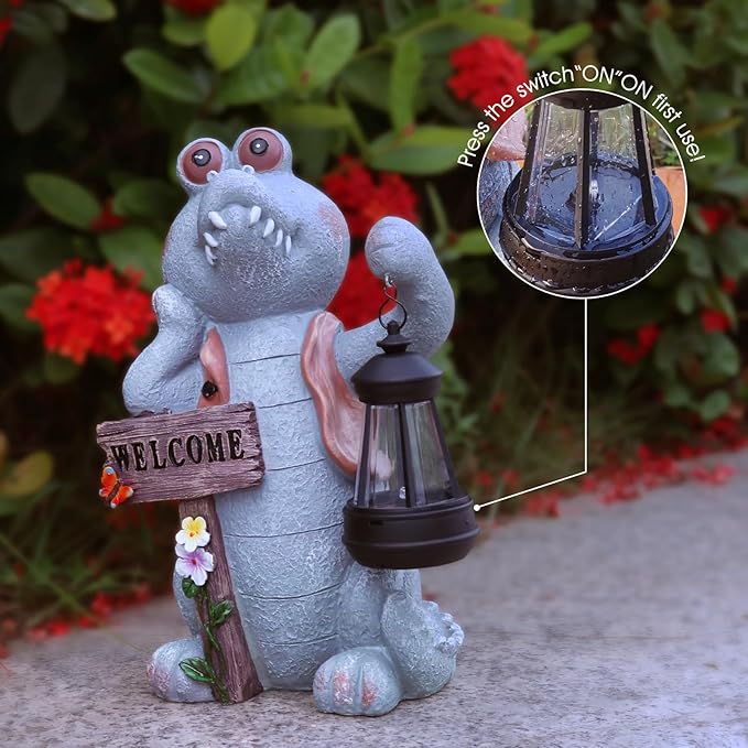 Solar Crocodile Decor-12.6 in Outdoor Statues for Garden,Patio,Porch,Balcony,Backyard or Lawn Decor- Birthday Gifts for Women