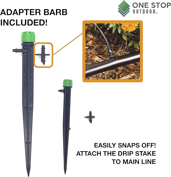 (100-PACK) - 1/4" Inch 360 Degree Drip Emitter On 6" Stake Sprayer Adjustable Flow 0-20 GPH, Fits 1/4 (4-6mm) Irrigation Tubing - Micro Bubbler Drippers for Drip Irrigation (50 Pack Dripper on Stake)