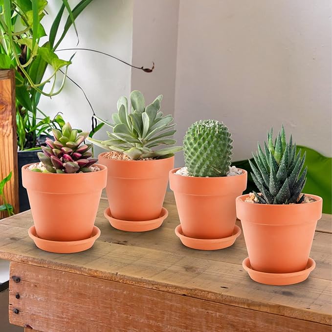 Suwimut 4 Pack Terracotta Plant Pots with Saucer, Large 6 Inch Terra Cotta Plant Pot with Drainage Hole, Clay Flower Pot with Tray for Indoor Outdoor Plant, Crafts Terra Cotta Planter