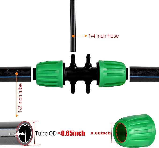 1/2 Inch to 1/4 Inch Drip Tubing Fittings, 6 Way Barbed Tee, Fit 1/2" Drip Tubing (OD: 0.6-0.65") x 1/4 Hose (ID 4mm)-12 Pcs/pack