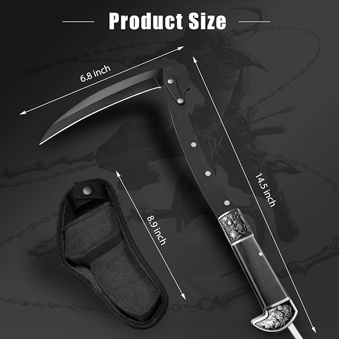 Black Sharp Folding Sickle Knife, Two Section Foldable Scythe Knife, Wooden Handle Folding Scythe Tool with Sophisticated Rose Pattern, Folding Kama Collection with Sheath
