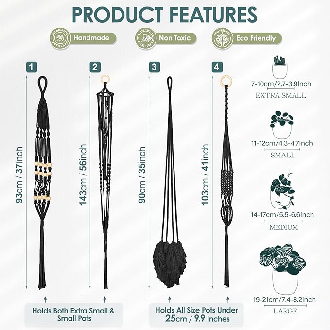 ANROYE Macrame Plant Hanger for Indoor Set of 4, Bohemian Hanging Planter with Tassels for Flower Pot, Boho Decorative Houseplant Rope Holder for Home Decor Bedroom Window Farmhouse