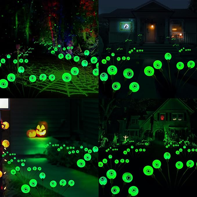 Halloween Decorations Outdoor, 3 Pack 18 LED Scary Solar Eyeball Lights, Green Solar Firefly Lights Outdoor Waterproof, Swaying Solar Halloween Lights for Yard/Garden/Pathway/Lawn/Party Decor