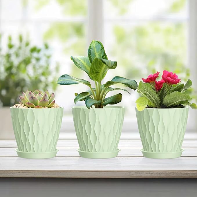 12 Pack 4 Inch Small Plant Pots with Saucers, 3D Textured Plastic Planters with Drainage Holes for Indoor and Outdoor Plants, Flowers, Herbs, Succulents, and Seedlings, Green