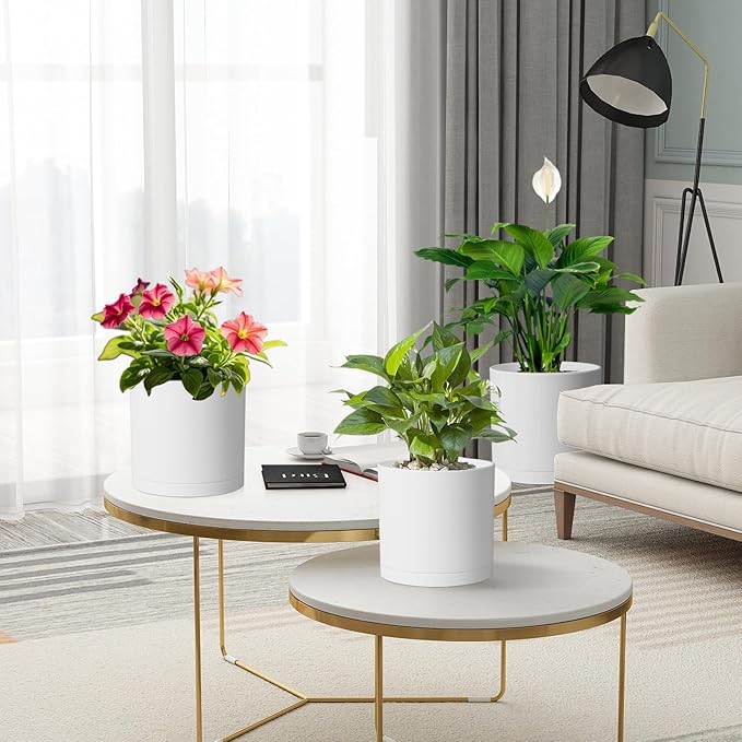 8/7/6 inch Plant Pots, 3 Pack Cylinder Flower Pots for Outdoor Indoor Plants, Decorative Plastic Planters with Drainage Holes and Saucers for Garden House Plants, White with Brown