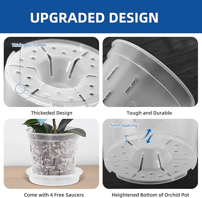 TRUEDAYS 4 Pack Orchid Pot with Saucers, 6 Inch Clear Orchid Pots with Holes, Plastic Planter with Trays, Breathable Slotted Orchids Planters for Indoor Outdoor Plants