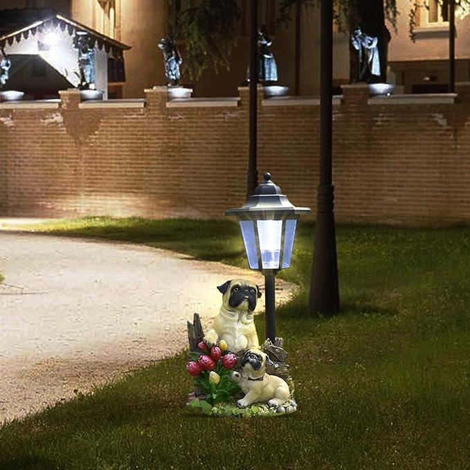 Solar Garden Country Farm Pug Dogs with Light, Outside-Outdoor Decorations Animal Statue for Patio Yard Lawn Walkway Ornaments Clearance Gifts for Mom Grandma Birthday