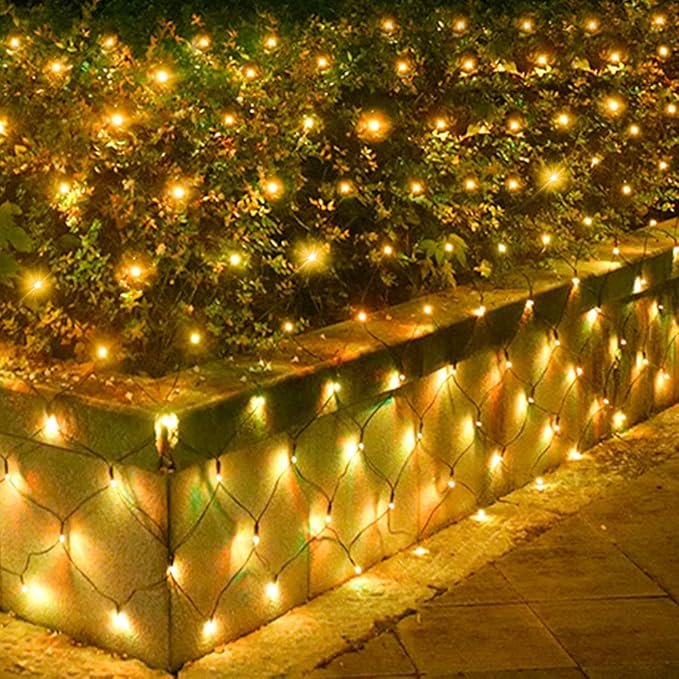 Pooqla Net Lights, 300LED Christmas Outdoor Mesh, 14.8x4.9 ft Fairy String 8 Modes Green Wire, Connectable Waterproof Decorative for Bushes Tree Garden Halloween, Warm White