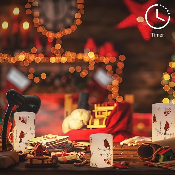 Cardinal Flameless Candles, 3 Pack LED Flickering Pillar Candles with Red Bird Decals, Real Wax Cardinal Home Decor for Halloween Christmas Decor(D3” x H4”5”6”)