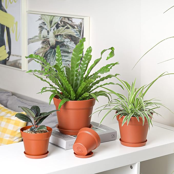 T4U 5 Inch Plastic Planters 18-Pack Small Plant Pot with Drainage Hole and Saucer, Decorative Nursery Flower Pot Bulk for African Violet, Aloe and All House Plants Indoor (Terracotta)