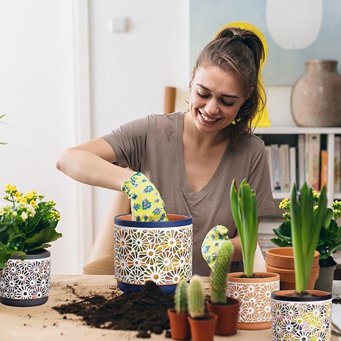 3 Piece Ceramic Plant Pots, 5.7/4.7/3.5/inch Planters with Drainage Hole, Outdoor Indoor Flower Pots Set, Modern Decorative Plant Pots for Lilies, Cacti, Succulents, Snakes, Bamboo(Blue)