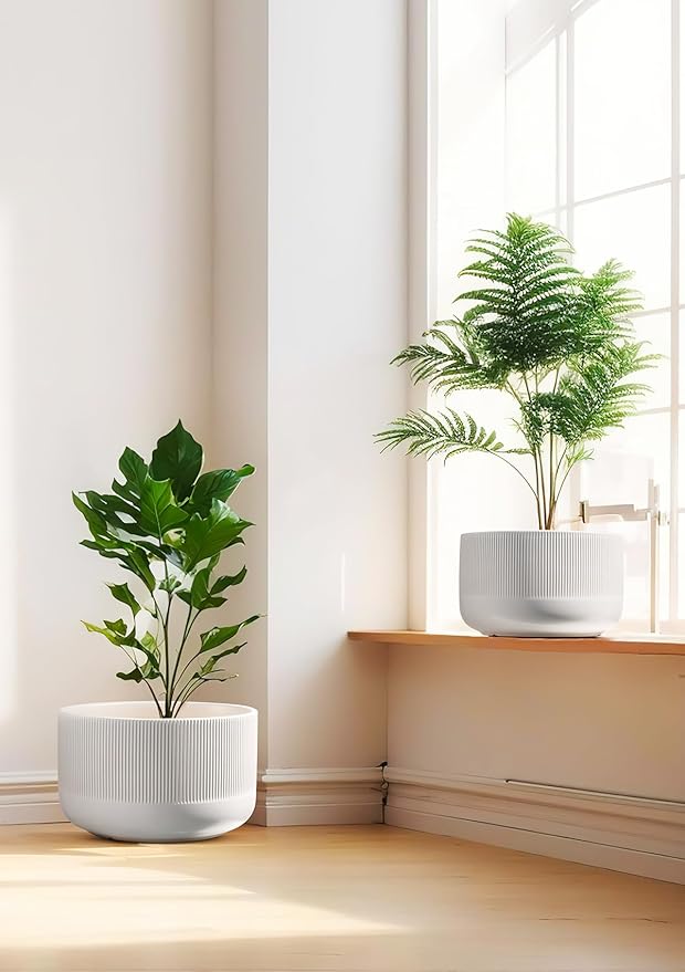 Ceramic Plant Pots, 10+12 Inch Large Planters for Indoor Plants, Modern Flower Pots with Watering Devices, Stylish and Functional,Set of 2, White