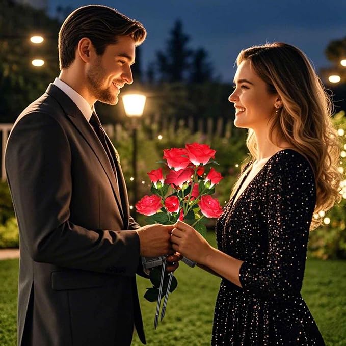 Solar Garden Lights, Solar Outdoor Lights with More Realistic 10 Rose Waterproof Solar Powered Flowers for Outside Patio Yard Pathway Decorations, 2 Pack Red