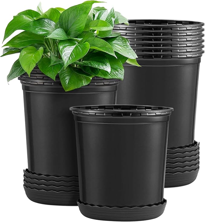 GROWNEER 12 Set 6‘’ 1 Gallon Nursery Pot for Plants Flexible Flower Pots with Drainage Hole and Saucer, Plant Container for Indoor Outdoor, Seedlings, Vegetables, Succulents, Cuttings(Black)