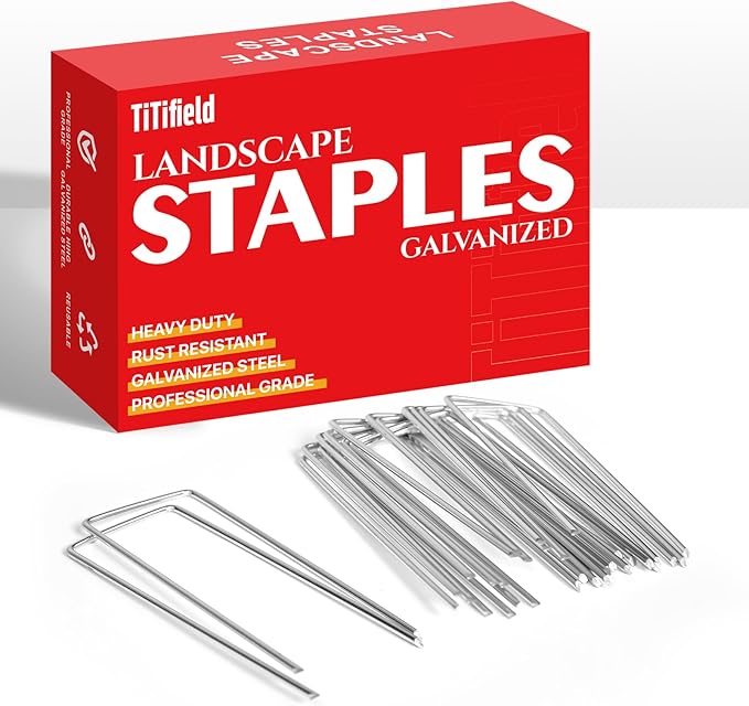 Landscape Staples 4 Inch 50 Pack 12 Gauge, Garden Staples Galvanized Ground Stakes Anti-Rust Landscape Fabric Staples Garden Stakes for Irrigation Tubing, Fence, Weed Barrier, Ground Cover