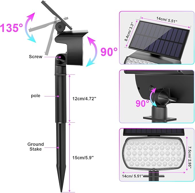 Solar Color Changing Spot Lights Outdoor, Solar Christmas Lights Outdoor IP65 Waterproof, Multicolor Solar Landscape Spotlights, Large Solar Panel Solar Powered Yard Garden Pathway Light 2 Pack