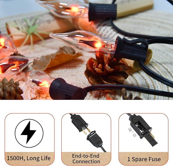 12.8Ft Christmas Lights Flickering Flame String Lights with 12 Pack Clear C7 Flame Light Bulbs(2 Spare), Great for Indoor Outdoor Home Patio Party Christmas Decorations Lights, 1W, E12 Base