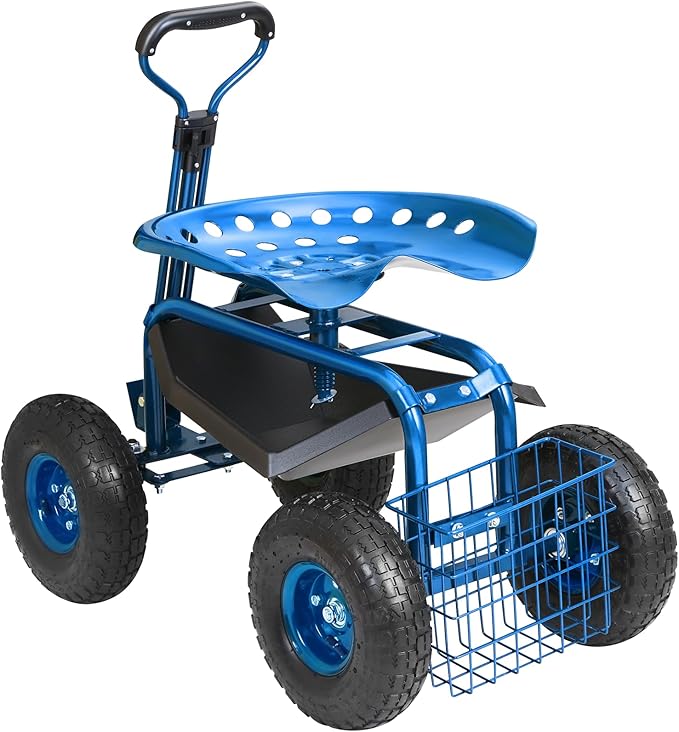 VEVOR Rolling Garden Work Seat with Wheels, Gardening Stool for Planting, 360 Degree Swivel Seat, Garden Scooter with Steering Handle & Tool Tray, Garden Chair for Outdoor, Patio and Yard, Blue