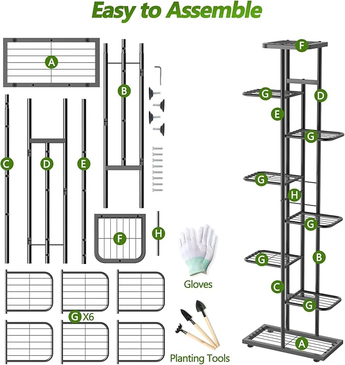 Corner Plant Stand Indoor 8 Tier 9 Potted with Gardening Tools and Gloves, Upgraded Tall Metal Plant Shelf Organizer Outdoor, Multiple Flower Holder Display Rack for Patio, Garden, Balcony, Living