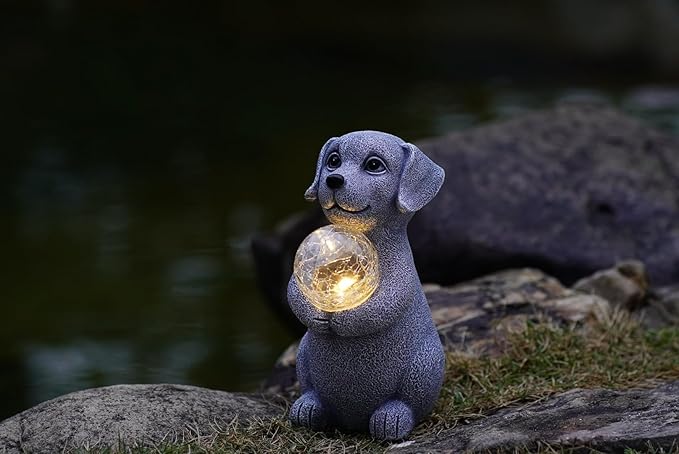 Solar Dog Garden Statues - 8.4 "Dog Decor with Gazing Ball Solar LED Lights, Unique Gifts for Mom Grandma Birthdays, Outdoor Decor for Outside Lawn Porch Patio (Gray)