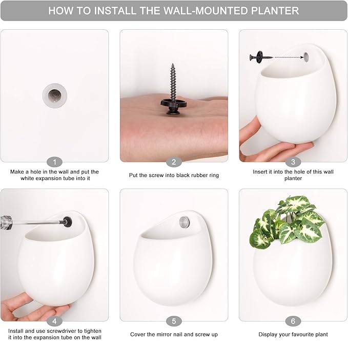 Mkono 4 Inch Wall Mounted Planter Round Ceramic Hanging Plant Holder Decorative Flower Display Vase Succulent Pots for Indoor Plants, Set of 3, White (Plants NOT Included)