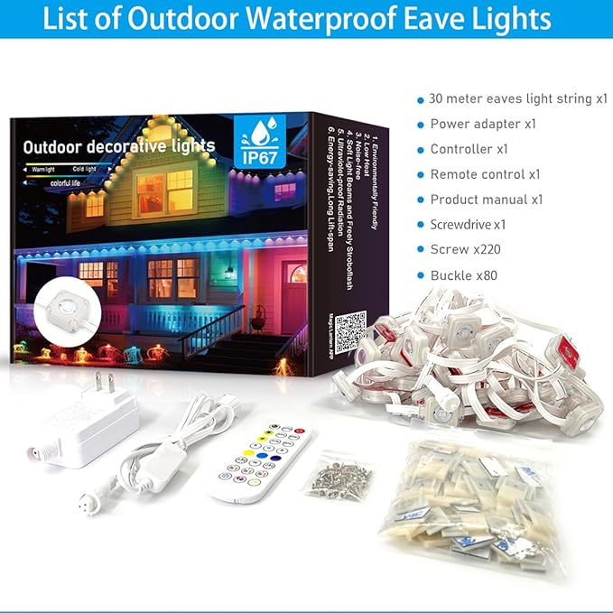 100ft Permanent Outdoor Lights for House, IP67 Waterproof RGB+IC LED Eaves Lights, 54 Scene Modes Outdoor Lighting for Christmas Garden Party Holiday Decorations, with App/Remote Control