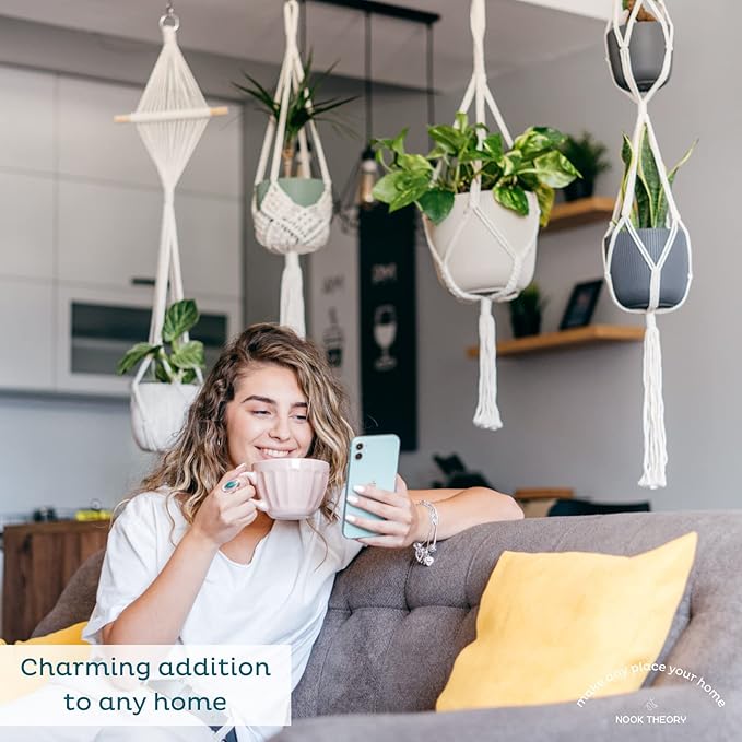 Nook Theory 4-Pack Macrame Plant Hanger - with 8 Ceiling Hooks - Hanging Planter Indoor Outdoor - Hanging Plant Holder - Decorative Bohemian Plant Hangers - Hanging Plants (Light Gray)