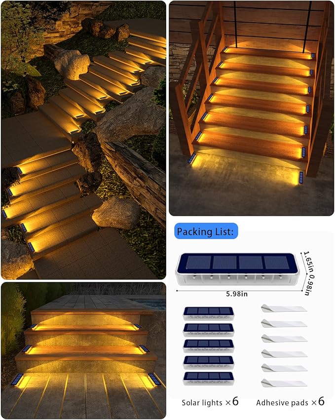 Solar Step Lights for Outside,6 Pack Solar Stair Lights Outdoor Waterproof,Warm White Deck Light Solar Powered Waterproof for Steps,Stairs,Walkway,Sidewalk,Patio,Pathway